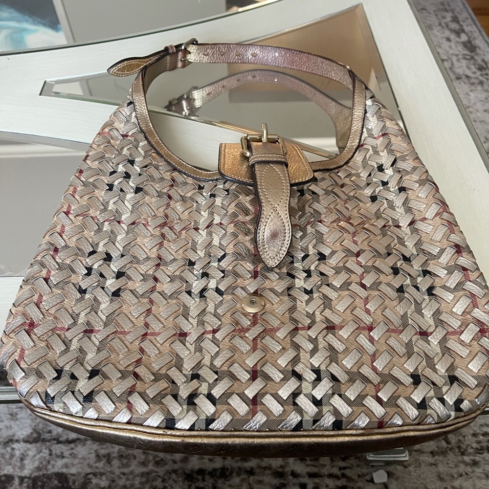 Burberry Gold/Beige Woven Haymarket Check PVC and Leather Brooke Hobo. Authe - Picture 7 of 7